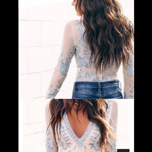 Honey Punch Beige Purple Floral Embroidered Long Sleeve V Neck Bodysuit - Picture 11 of 12